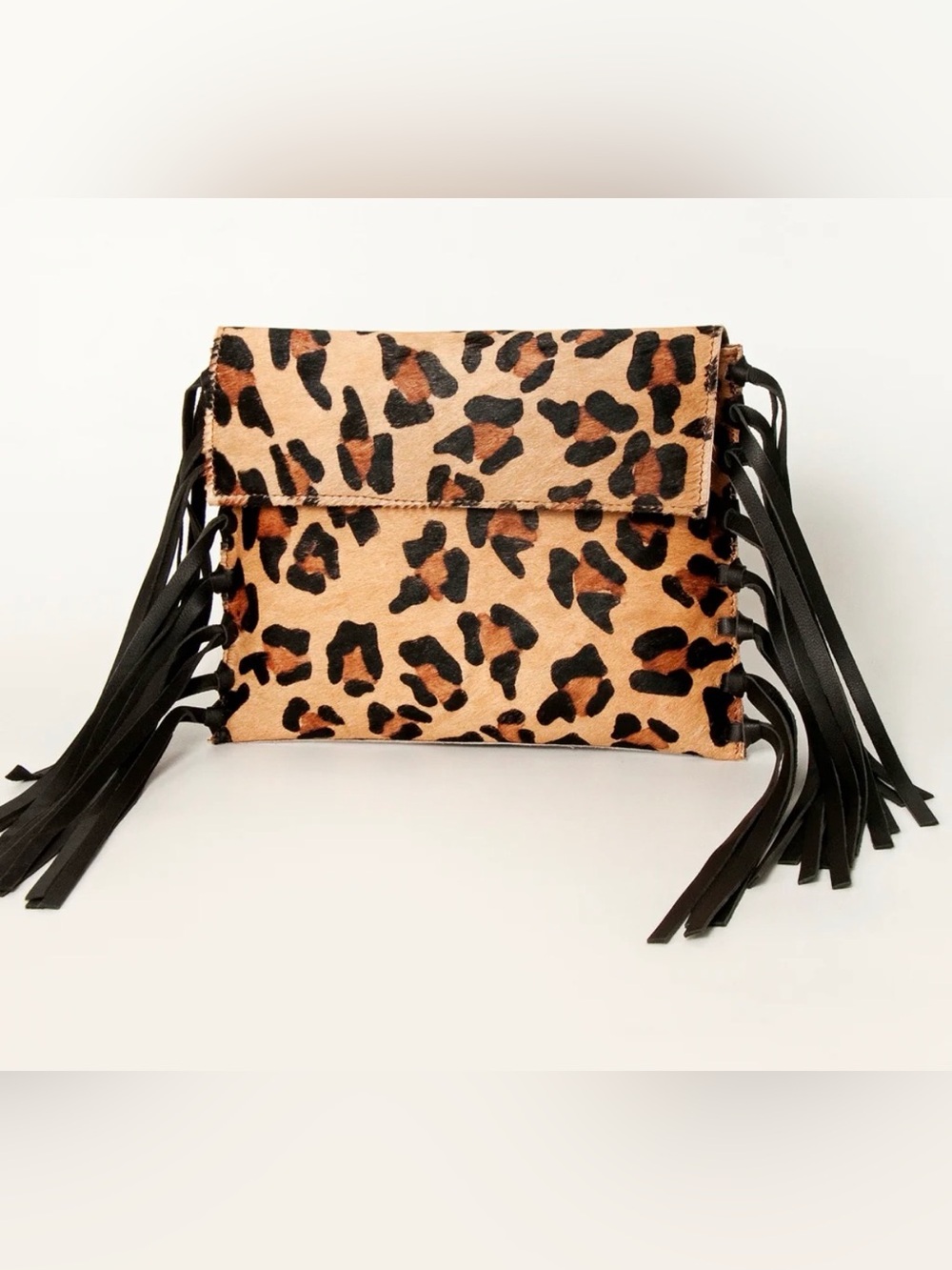 Western Clutch Leopard Print Black Fringe Clutch Bag - Brown/Black